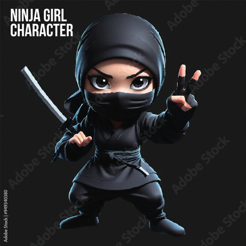 Ninja mascot cartoon character with black background | Ninja cartoon character design | girl, character, school, vector, illustration, education, children, kid, study, college, emotion, knowledge,