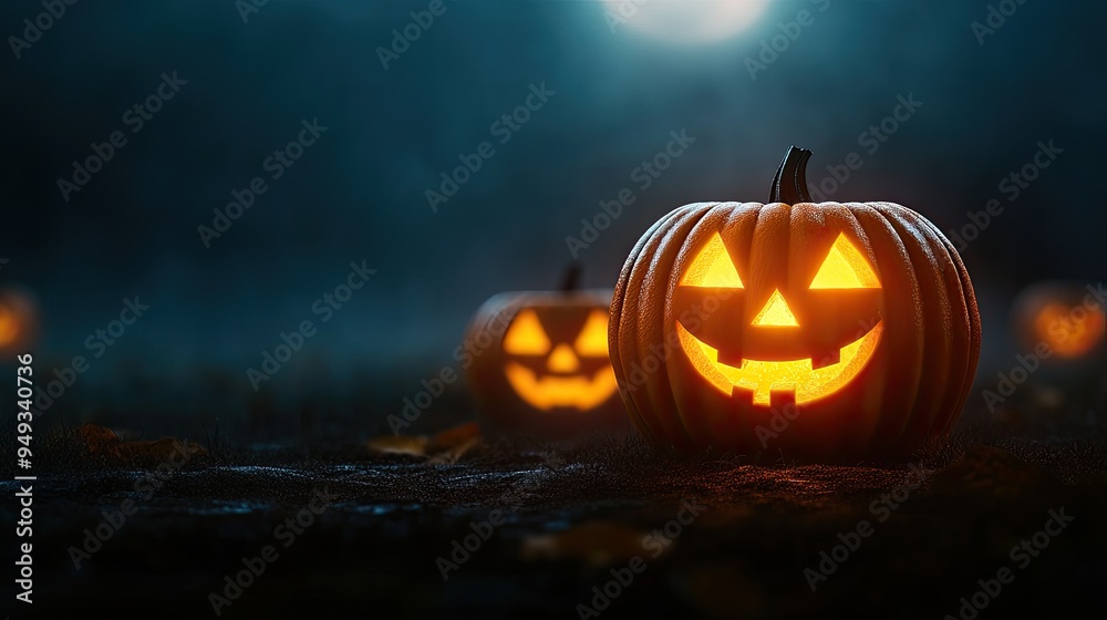 A spooky Halloween night scene featuring glowing jack-o'-lanterns amidst a misty atmosphere, perfect for festive decoration. A spooky Halloween night scene featuring glowing jack-o'-lanterns amidst a misty atmosphere, perfect for festive decoration.