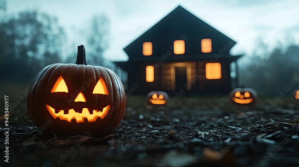 A spooky Halloween scene featuring glowing jack-o'-lanterns in front of a haunted house under a misty evening sky. A spooky Halloween scene featuring glowing jack-o'-lanterns in front of a haunted house under a misty evening sky.