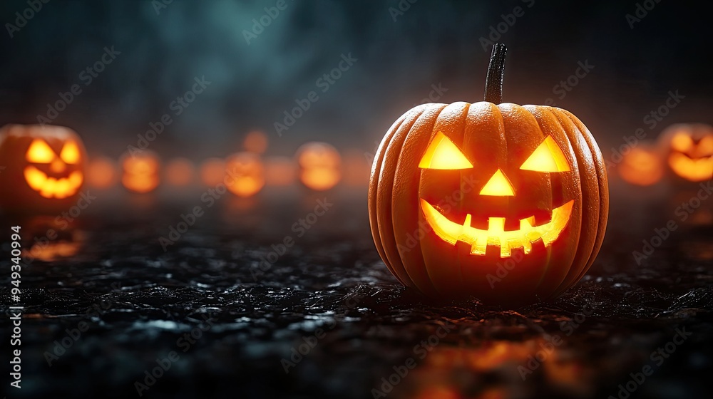 A spooky Halloween scene featuring glowing jack-o'-lanterns on a dark, misty ground, creating an eerie festive atmosphere. A spooky Halloween scene featuring glowing jack-o'-lanterns on a dark, misty ground, creating an eerie festive atmosphere.
