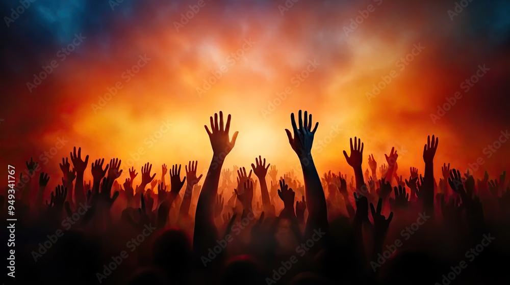 A vibrant crowd with raised hands against a dramatic sunset, symbolizing unity, excitement, and collective energy. A vibrant crowd with raised hands against a dramatic sunset, symbolizing unity, excitement, and collective energy.