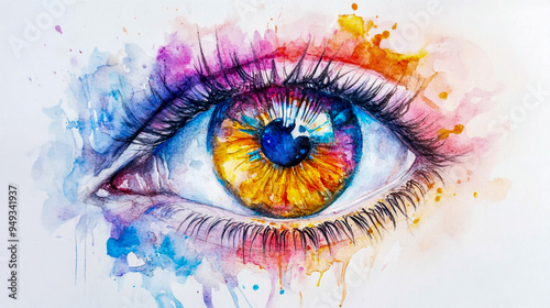 Watercolor painting of a detailed eye with colorful splashes, fantasy art, beautiful.