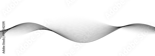 Dotted wave line background. Black halftone undulate pattern. Abstract flowing particle wave wallpaper. Curved dashed gradient design element for poser, banner, presentation, booklet. Vector