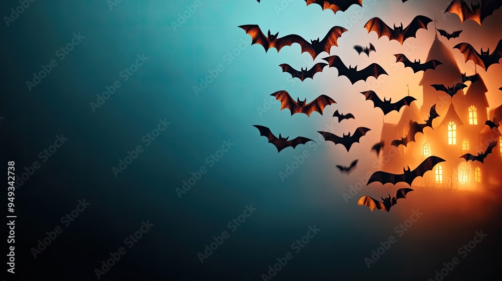 Fototapeta premium Eerie scene of bats flying against a mystical backdrop, with a haunted house glowing in the background, perfect for Halloween themes.