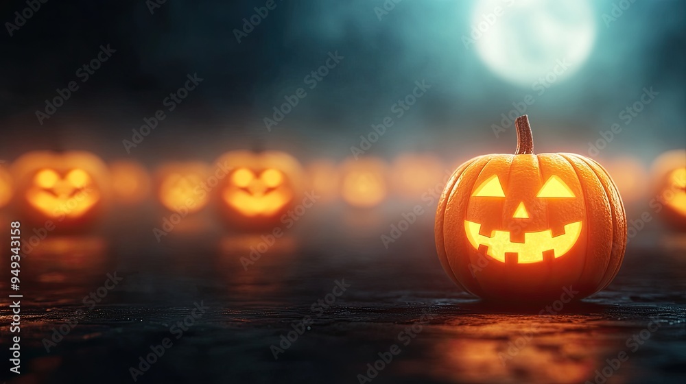 Glowing jack-o'-lanterns illuminate a misty night, creating a spooky Halloween atmosphere under the bright moonlight. Glowing jack-o'-lanterns illuminate a misty night, creating a spooky Halloween atmosphere under the bright moonlight.