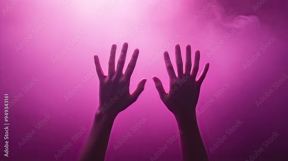 Hands reaching upward against a vibrant purple haze, symbolizing freedom, expression, and creativity in a dreamlike atmosphere. Hands reaching upward against a vibrant purple haze, symbolizing freedom, expression, and creativity in a dreamlike atmosphere.