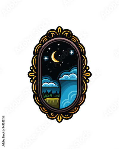 A mirror reflection with an ornate gold frame, the upper half shows the letter 'D', the lower half shows a night scene with a moon, clouds, a forest, and the ocean.