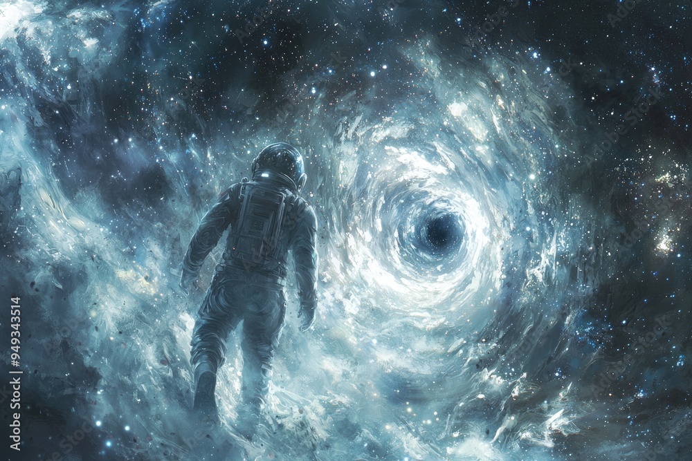 Silhouette figure standing before a cosmic black hole swirling with ...