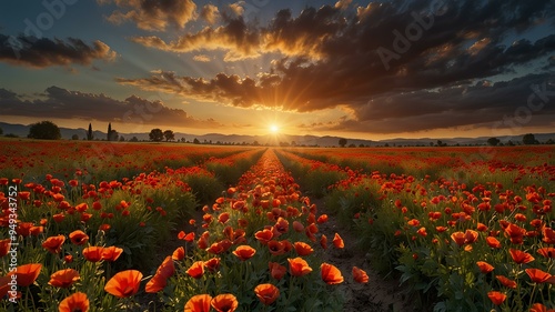 Sunrise with fields of poppies. Sun rising, warm golden light over vibrant red poppies, stunning colorful morning scene. Realistic style. photo