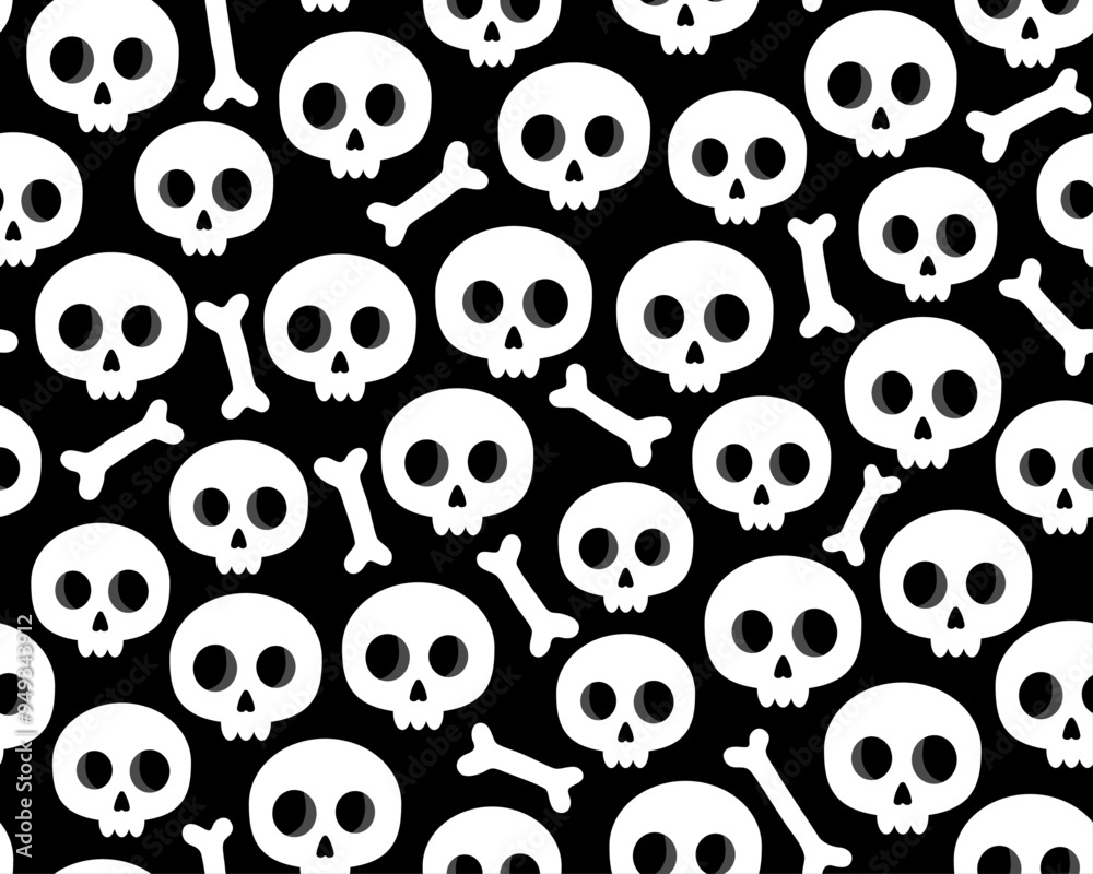 Halloween seamless pattern. Small cute white skulls and bones on a black background. Lots of skulls and bones. Design for wrapping paper, textile. Spooky, horror pattern. Halloween seamless pattern. Small cute white skulls and bones on a black background. Lots of skulls and bones. Design for wrapping paper, textile. Spooky, horror pattern.