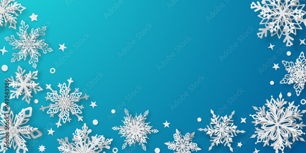 Christmas illustration with beautiful white complex snowflakes with soft shadows on light blue background Christmas illustration with beautiful white complex snowflakes with soft shadows on light blue background