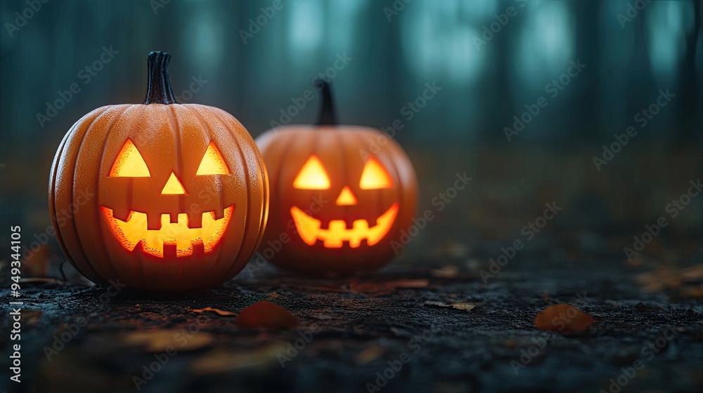 Obraz premium Two glowing Halloween pumpkins with carved faces, set against a misty forest backdrop, creating a spooky festive atmosphere.