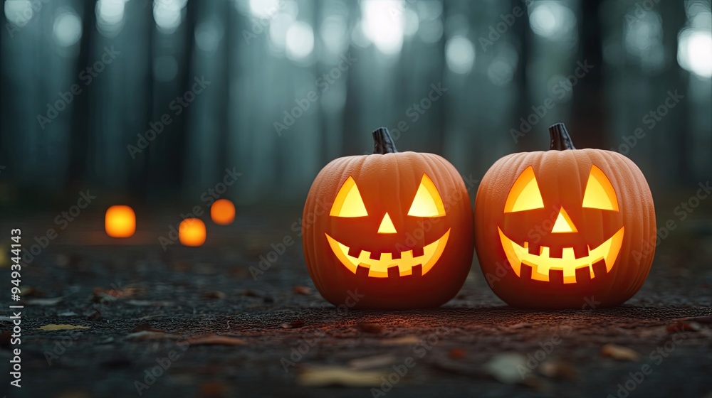 Two glowing jack-o'-lanterns in a misty forest setting, perfect for Halloween-themed decorations and celebrations. Two glowing jack-o'-lanterns in a misty forest setting, perfect for Halloween-themed decorations and celebrations.