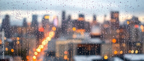 Raindrops on a Window with Blurred City Lights in the Background