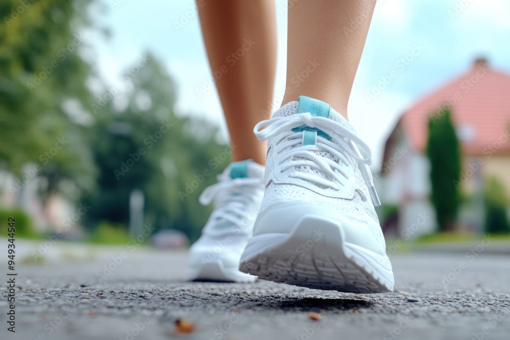 Female ankle foot walking on the asphalt concrete street Female ankle foot walking on the asphalt concrete street