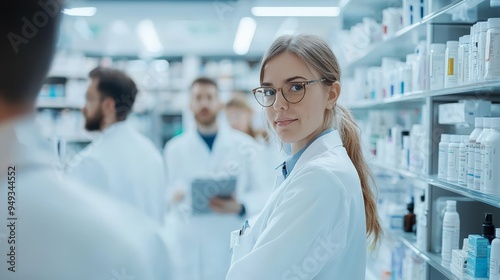 A group of pharmacists working together in a busy pharmacy, teamwork and precision