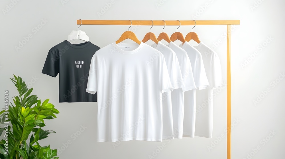 Rack of white T-shirts with various typographic designs in black ink Rack of white T-shirts with various typographic designs in black ink