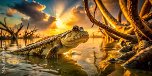 In the haze of orange twilight, a mudskipper emerges from murky waters, its laborious movements casting long shadows on the ocean floor amidst twisted roots and driftwood relics.
