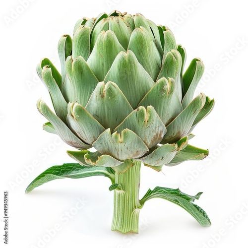 A close-up image of the floral bud of an artichoke. This type of plant is known for its rich, photo