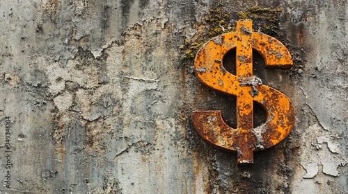 Rusty dollar sign on decayed wall symbolizing financial decline