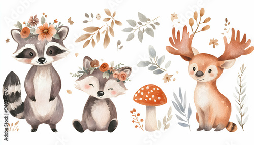 Watercolor illustration of a raccoon, deer, and mushroom with floral elements. photo