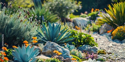 Beautiful xeriscape garden with diverse flowering plants and ornamental rocks photo