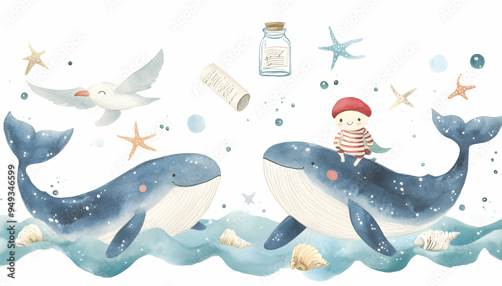 Fototapeta premium Watercolor illustration of two whales swimming in the ocean with a cute little sailor on one of the whales and other sea creatures.