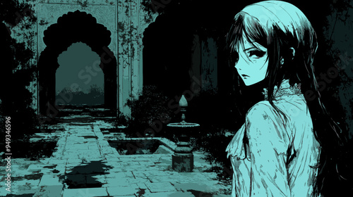 Mysterious woman in a dark, overgrown courtyard with haunting atmosphere and ancient architecture, evoking a sense of horror and intrigue