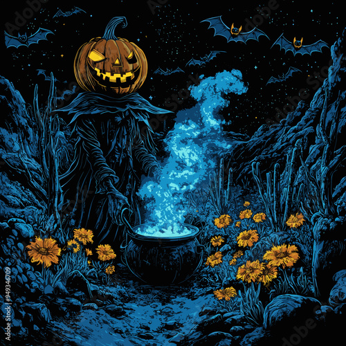 Halloween scene featuring a pumpkin-headed figure stirring a glowing blue potion in a cauldron under a starry night with bats flying overhead