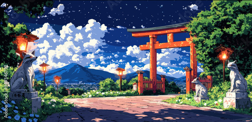 Serene Japanese torii gate at night, illuminated by lanterns with fox statues guarding the entrance under a starry sky and mountains