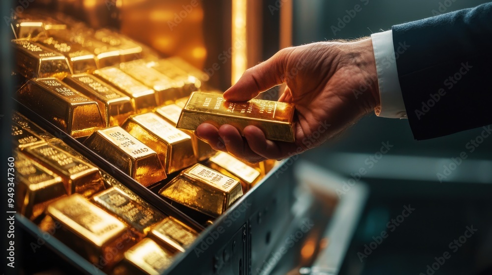 A hand reaching for a gold bar in a vault filled with shimmering gold bullion, symbolizing wealth and investment opportunities. A hand reaching for a gold bar in a vault filled with shimmering gold bullion, symbolizing wealth and investment opportunities.
