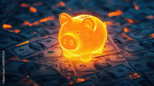 A glowing piggy bank surrounded by dollar bills, symbolizing savings, finance, and investment concepts in a vibrant setting. photo