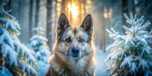 In the soft light, the Norwegian Buhund mix's bronze coat shines as it moves silently, ears perked, nose twitching, absorbing the wilderness's essence, amidst icy blues and muted greens. photo