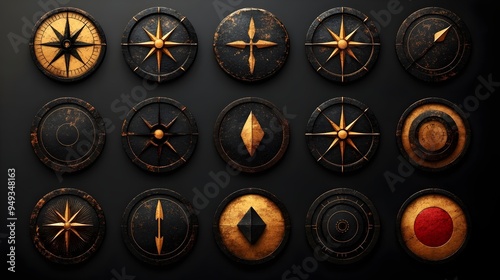 A collection of 18 ornate, circular, golden and black shields. Each shield features a unique design, with some resembling compass roses, while others incorporate intricate geometric patterns.