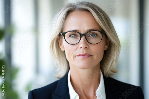 Australian businesswoman wearing suit and glasses serious work at the office