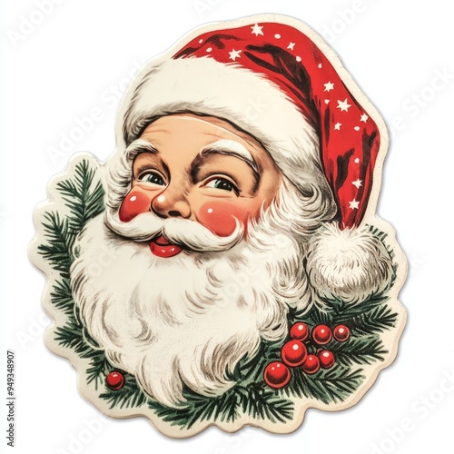 Charming Vintage Santa Sticker in 1950s Style on White Background photo