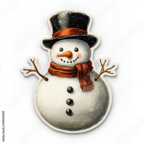 Charming Snowman Sticker with Carrot Nose and Top Hat on White Background photo