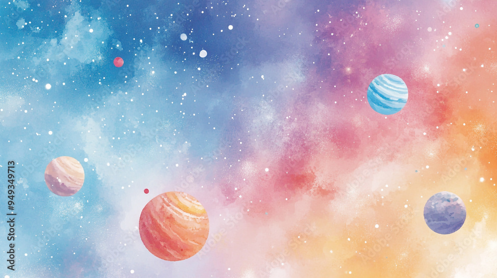 Colorful cosmic illustration depicting planets floating in a vibrant, dreamy galaxy background with bright colors and twinkling stars Colorful cosmic illustration depicting planets floating in a vibrant, dreamy galaxy background with bright colors and twinkling stars