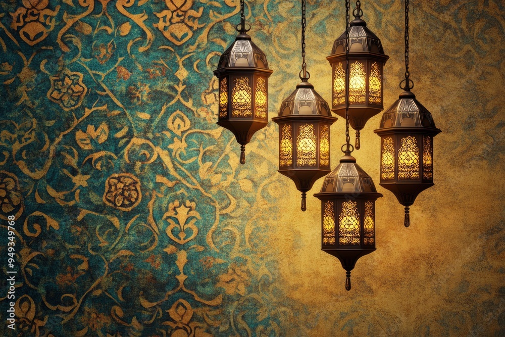 Fototapeta premium Islamic pattern background with hanging lanterns with generative ai