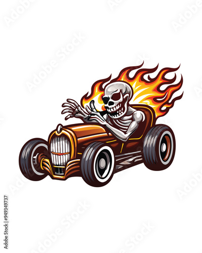 A skeleton in sunglasses driving a vintage hot rod with flames coming out of the exhaust.