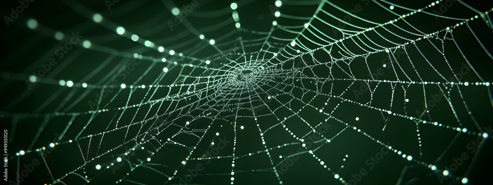 Creepy white spider web of wild spider with tiny drops of water shining in light on dark green background. Scary cobweb for Halloween party. Closeup backdrop with copy space Creepy white spider web of wild spider with tiny drops of water shining in light on dark green background. Scary cobweb for Halloween party. Closeup backdrop with copy space