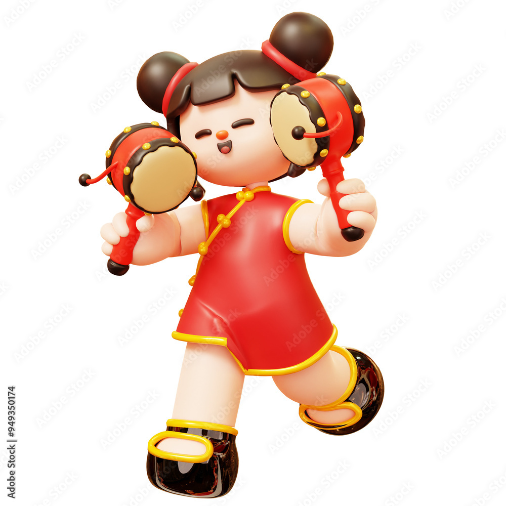 Character Chinese Girl in Red Cheongsam dress with Rattle Drum Traditional Musical Instruments Joy in Parade. Cute Cartoon 3D Happy Lunar New Year tradition. Chinatown and Chinese New Year tradition. Character Chinese Girl in Red Cheongsam dress with Rattle Drum Traditional Musical Instruments Joy in Parade. Cute Cartoon 3D Happy Lunar New Year tradition. Chinatown and Chinese New Year tradition.