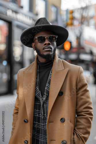 A man wearing a brown coat and a black hat