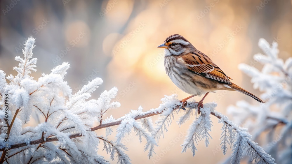 Morning dawns in the Frozen forest, delicate branches etched against the winter sky, a solitary White-throated Sparrow perched, feathers blending with leafy surroundings. Morning dawns in the Frozen forest, delicate branches etched against the winter sky, a solitary White-throated Sparrow perched, feathers blending with leafy surroundings.