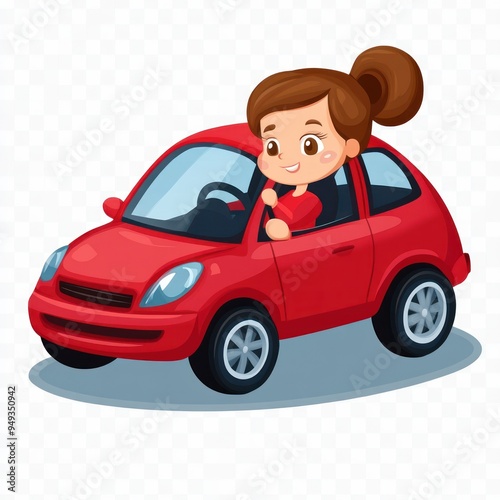 Cartoon Illustration of a Young Girl Driving a Red Car