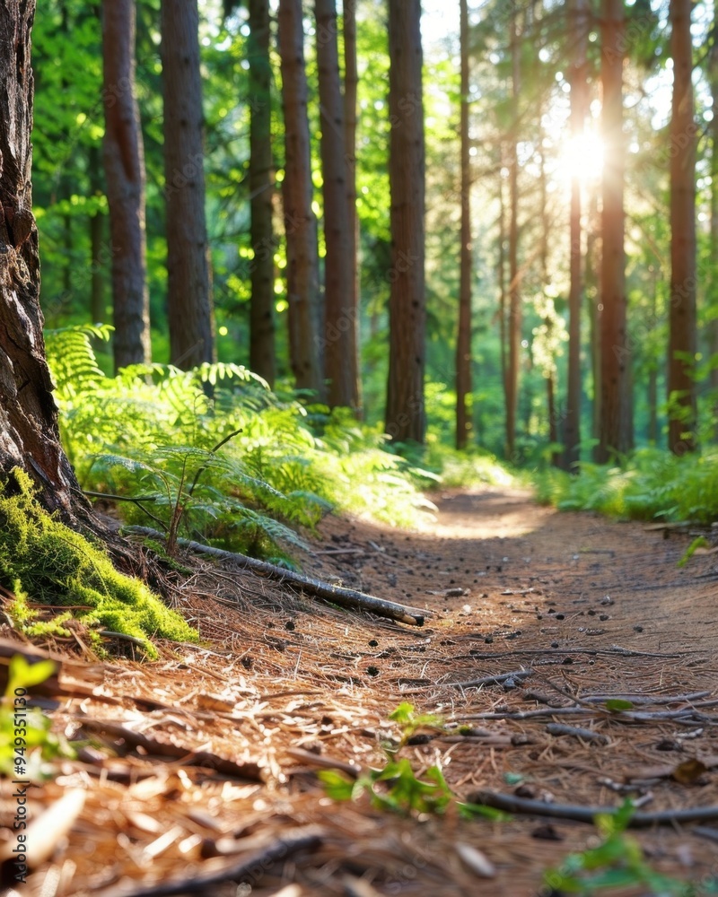 Sunlit forest path with lush green foliage and tall trees capturing the ...