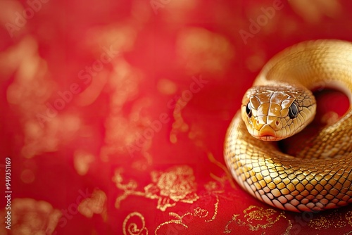 A close-up of a golden snake resting gracefully on an ornate red background, showcasing its intricate scales and serene demeanor.
