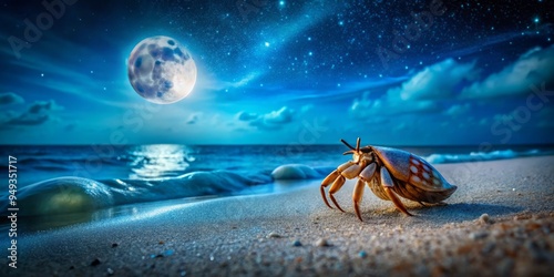 On a starry night, a hermit crab slowly emerges, its eyes shining like tiny moons, as it tentatively grasps for a new shelter beneath waves' gentle murmur. photo