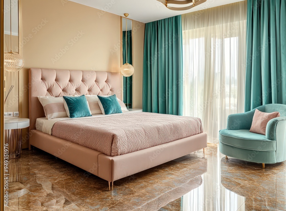 Elegant beige, granite base, teal curtain, pastel luxury bed, contemporary armchair, chic ceiling light.