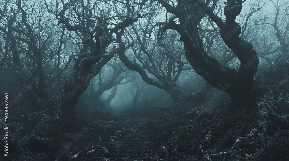 A fog-filled forest with twisted trees and an eerie atmosphere A fog-filled forest with twisted trees and an eerie atmosphere